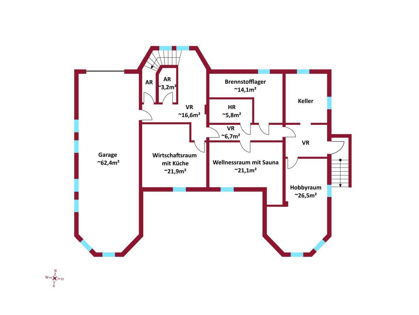 Grundriss des Untergeschosses mit Garage, Wirtschaftsraum, Wellnessbereich und Hobbyraum.