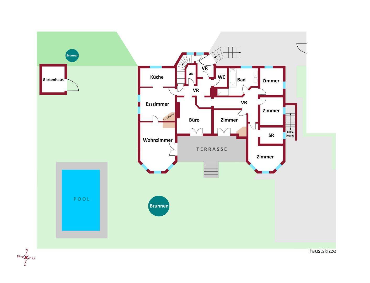 Grundriss des Erdgeschosses mit Wohnzimmer, Küche, Terrasse und Pool im Garten.