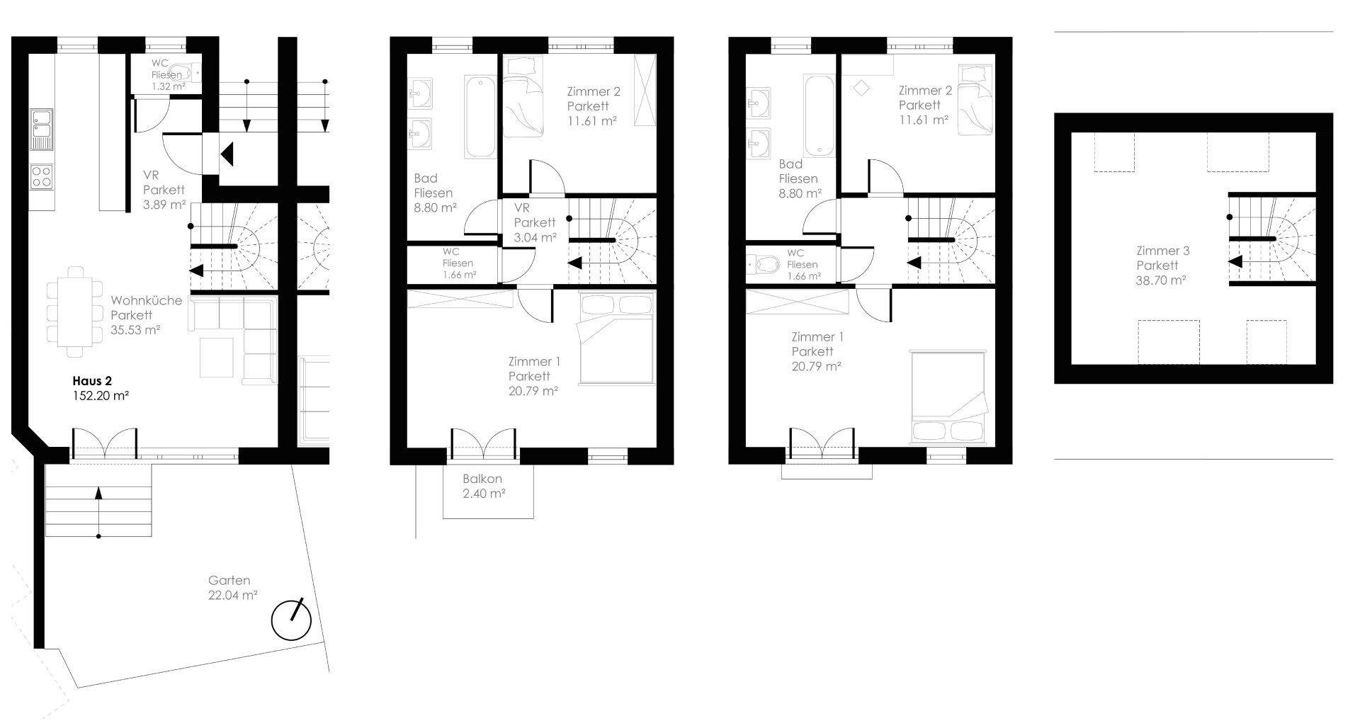 Detaillierter Grundriss von Haus 2 mit Wohnküche, Zimmern, Bädern und Garten.
