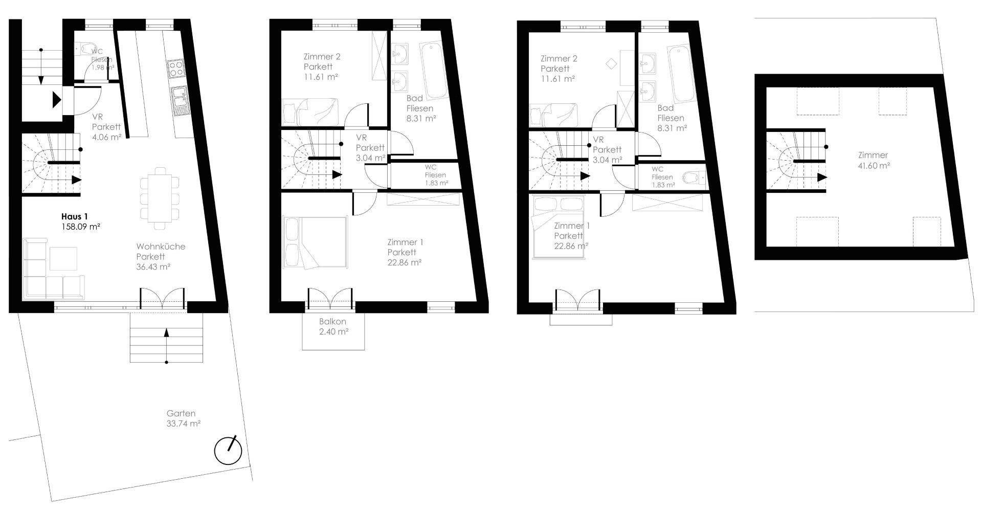 Grundriss für Haus 1 mit drei Etagen, Garten und Balkon.