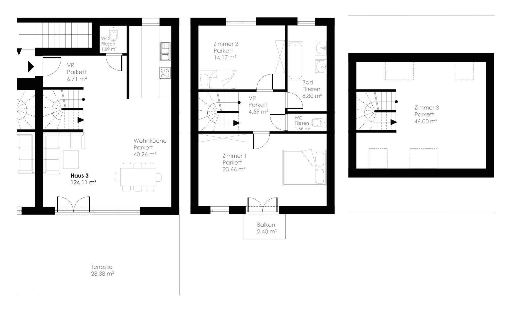 Grundriss für Haus 3 mit drei Etagen, Terrasse und Balkon.
