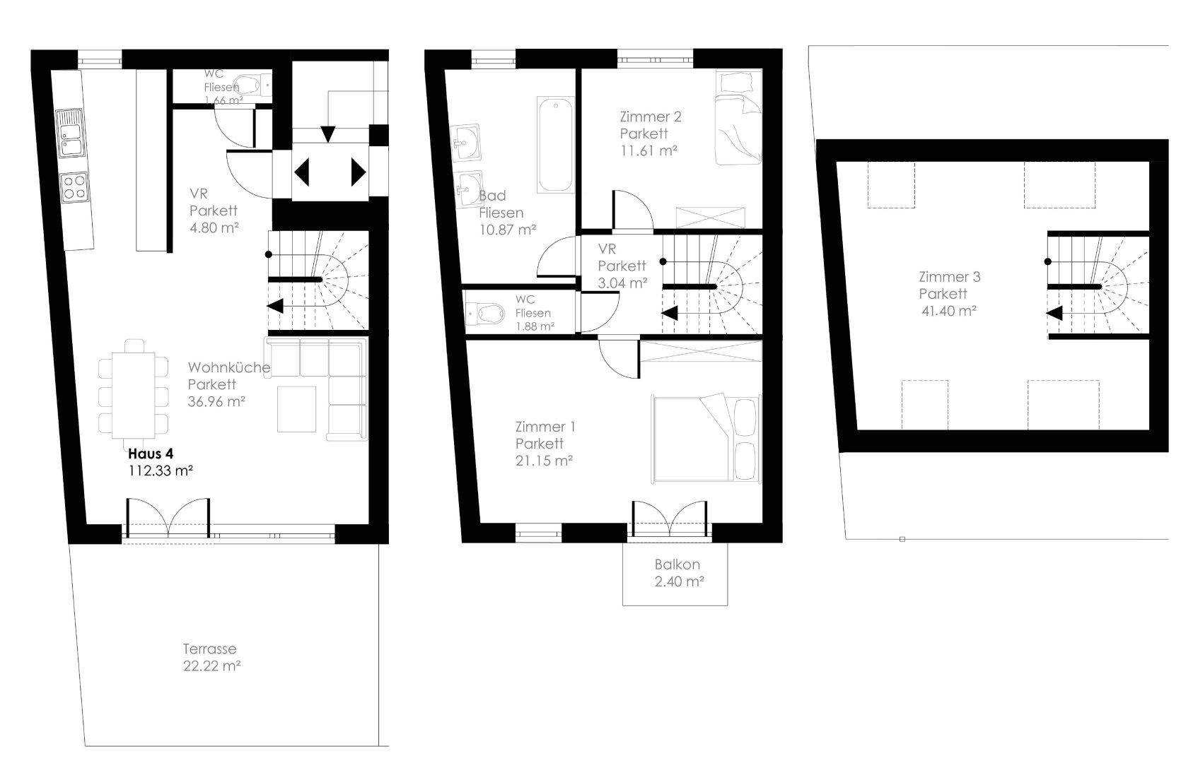 Grundriss für Haus 4 mit drei Etagen, Terrasse und Balkon.