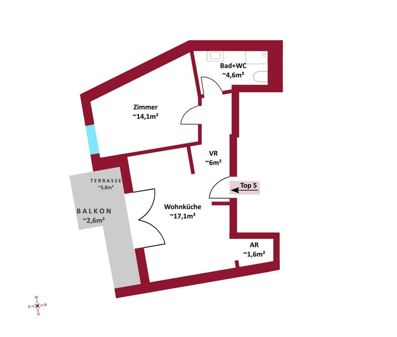 Grundriss der Wohnung mit Wohnküche, Zimmer, Bad und Zugang zu Terrasse und Balkon.