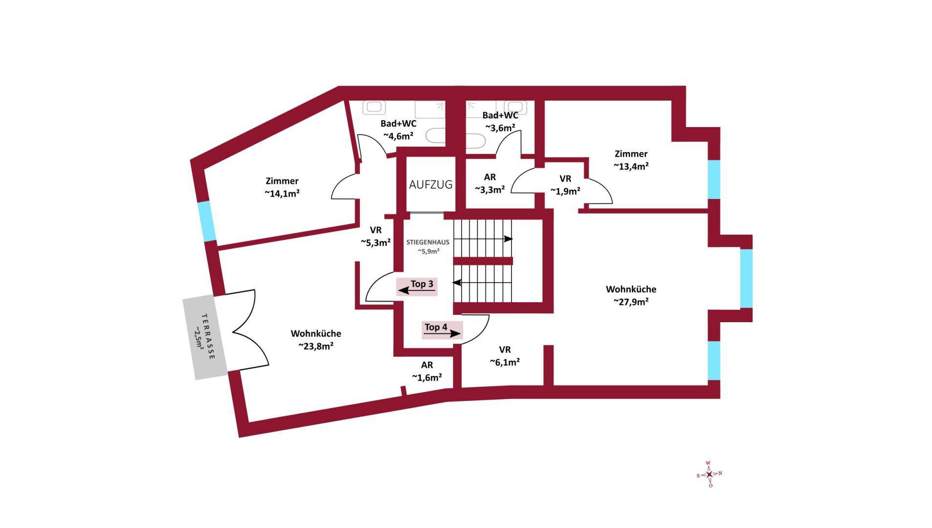 Grundriss des ersten Obergeschosses mit Wohnküche, Zimmern und Terrasse.