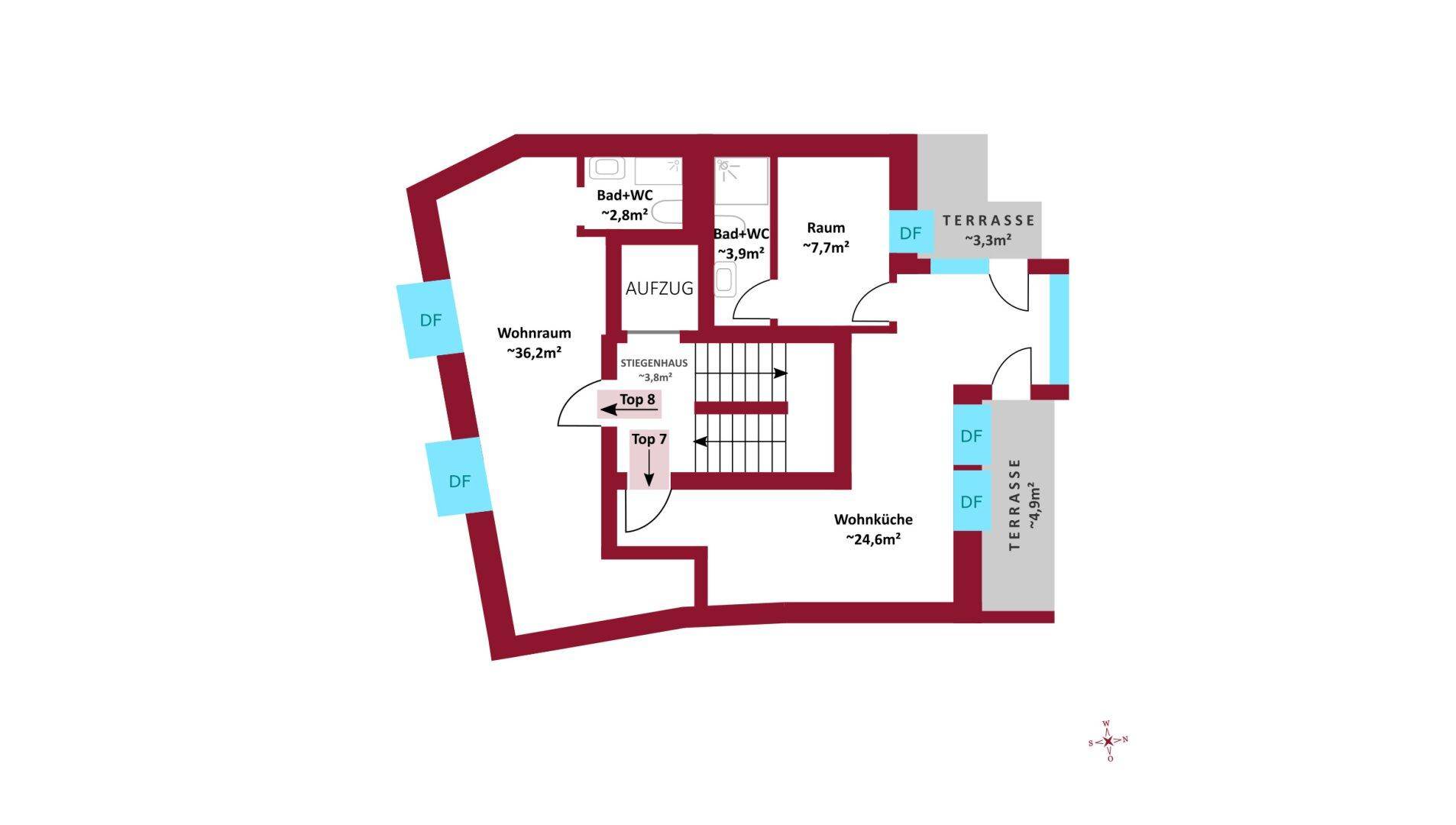 Grundriss des Dachgeschosses mit Wohnraum, Wohnküche, Bädern und Terrassenbereichen.