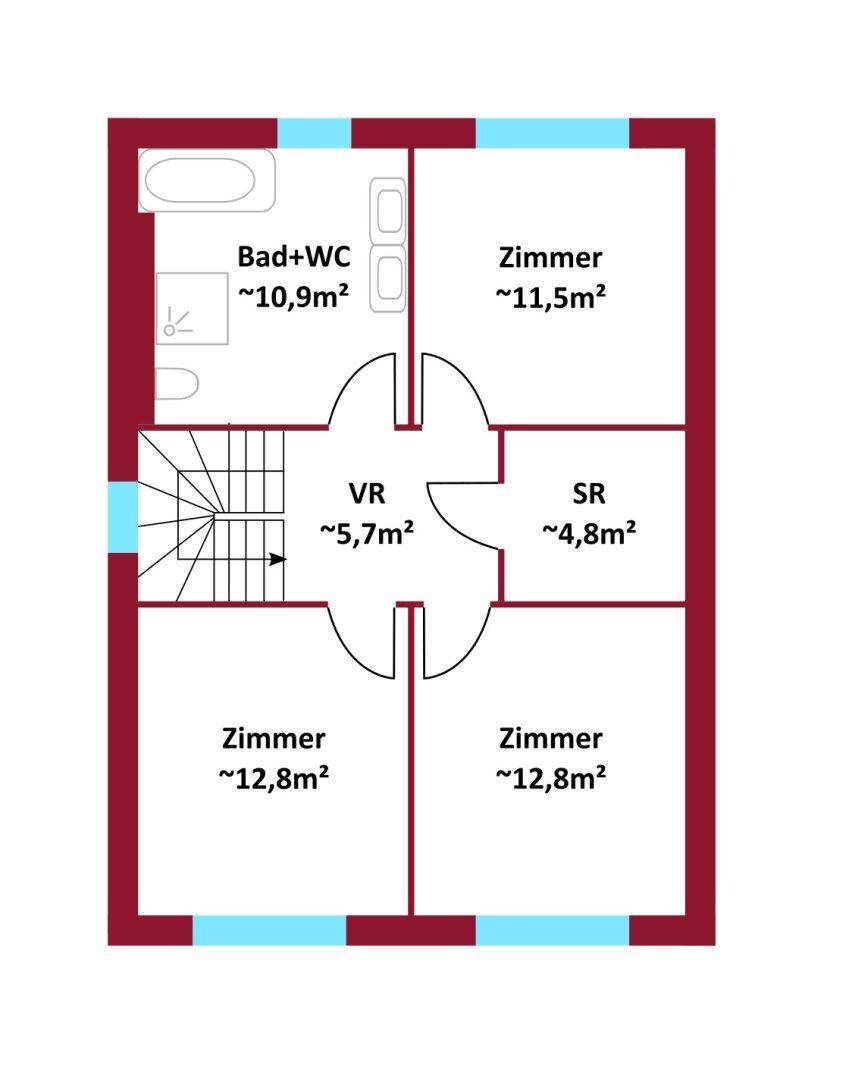 Grundriss des Obergeschosses mit kombiniertem Bad/WC und drei weiteren Zimmern.