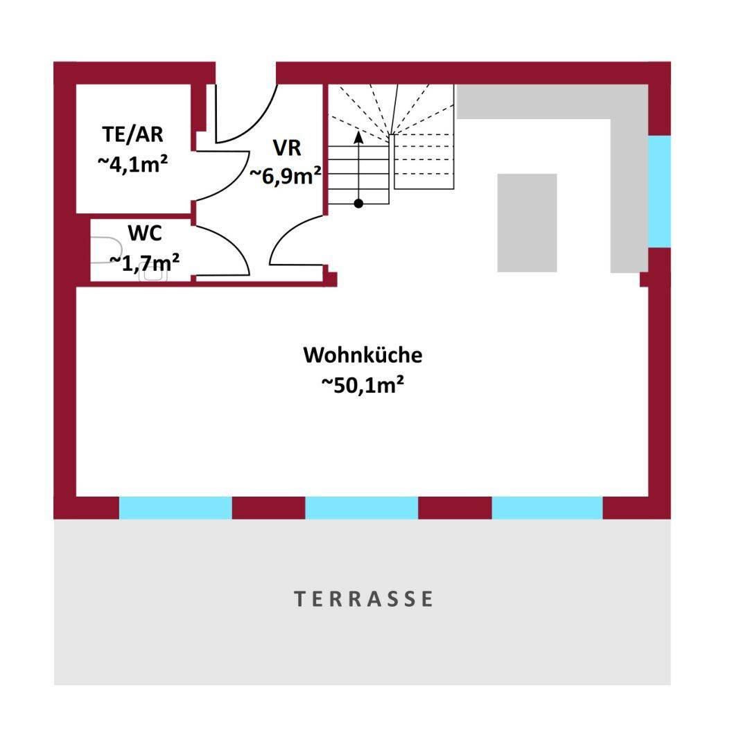 Grundriss des Erdgeschosses mit großer Wohnküche, WC und Zugang zur Terrasse.