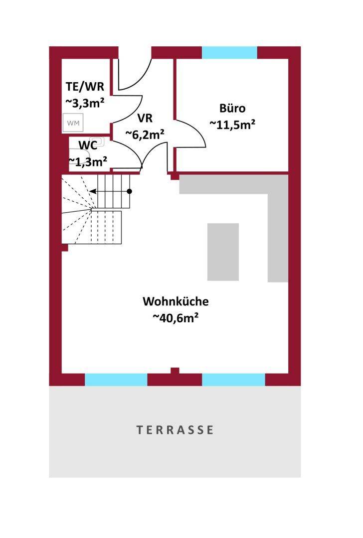Grundriss des Erdgeschosses mit Wohnküche, Büro und direktem Zugang zur Terrasse.