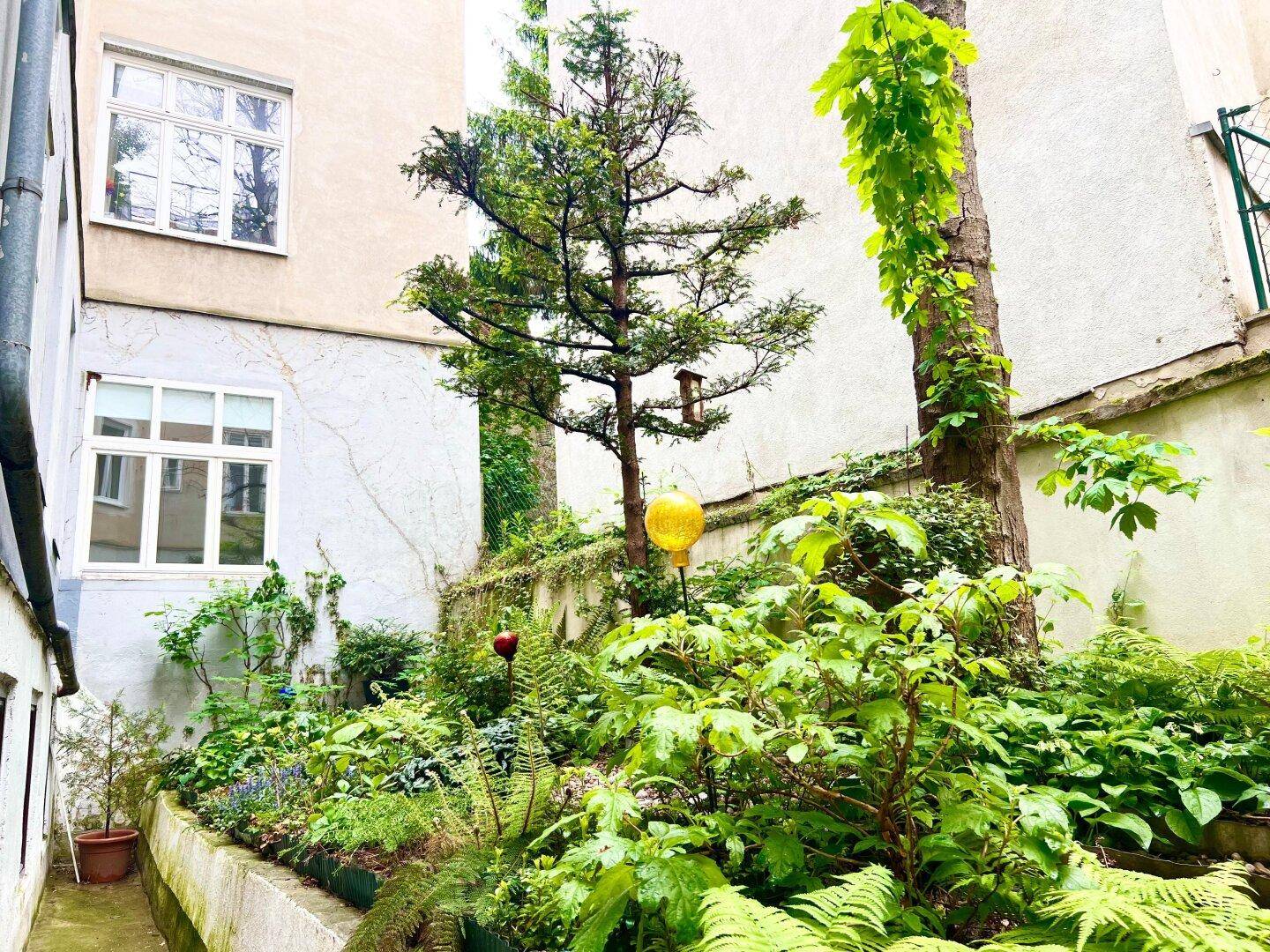 Kleiner, grüner Gartenbereich zwischen Gebäuden mit üppiger Bepflanzung und Bäumen.