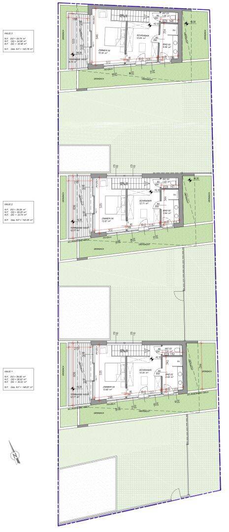 Grundrissplan des Dachgeschosses mit Schlafzimmern, Bädern und teilweise schrägen Decken.