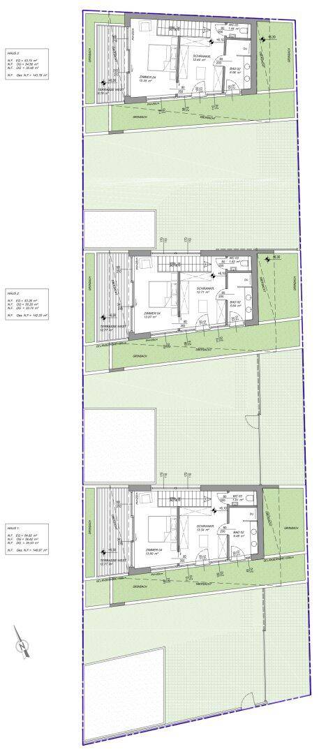 Grundrissplan des Dachgeschosses mit Schlafzimmern, Bädern und teilweise schrägen Decken.