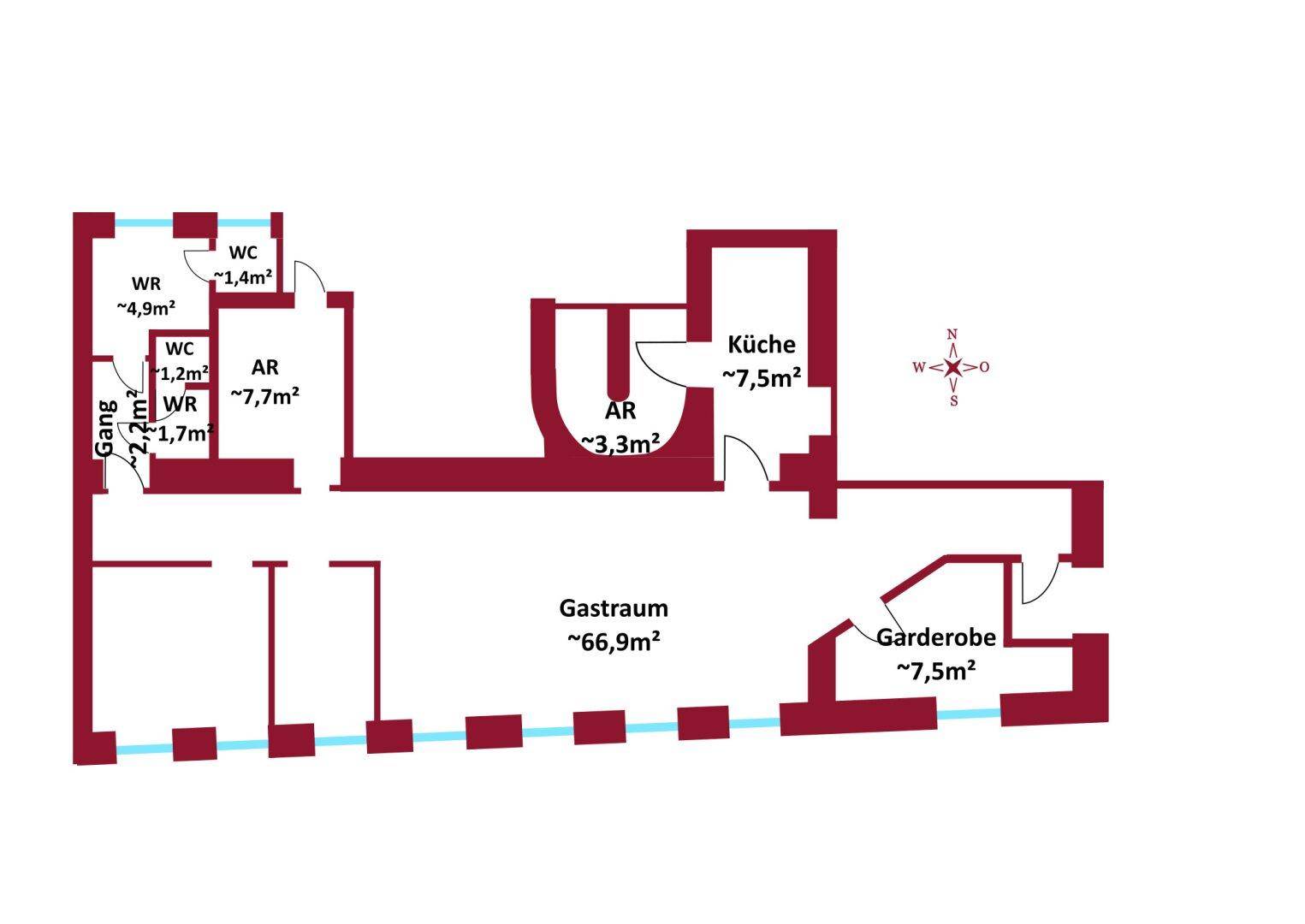 Grundriss eines Gastraums mit Küche, Garderobe, mehreren WCs und Abstellräumen.