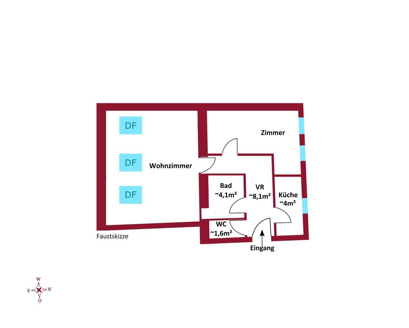 Grundriss einer Wohnung mit separaten Räumen, Bad, WC und Küche.