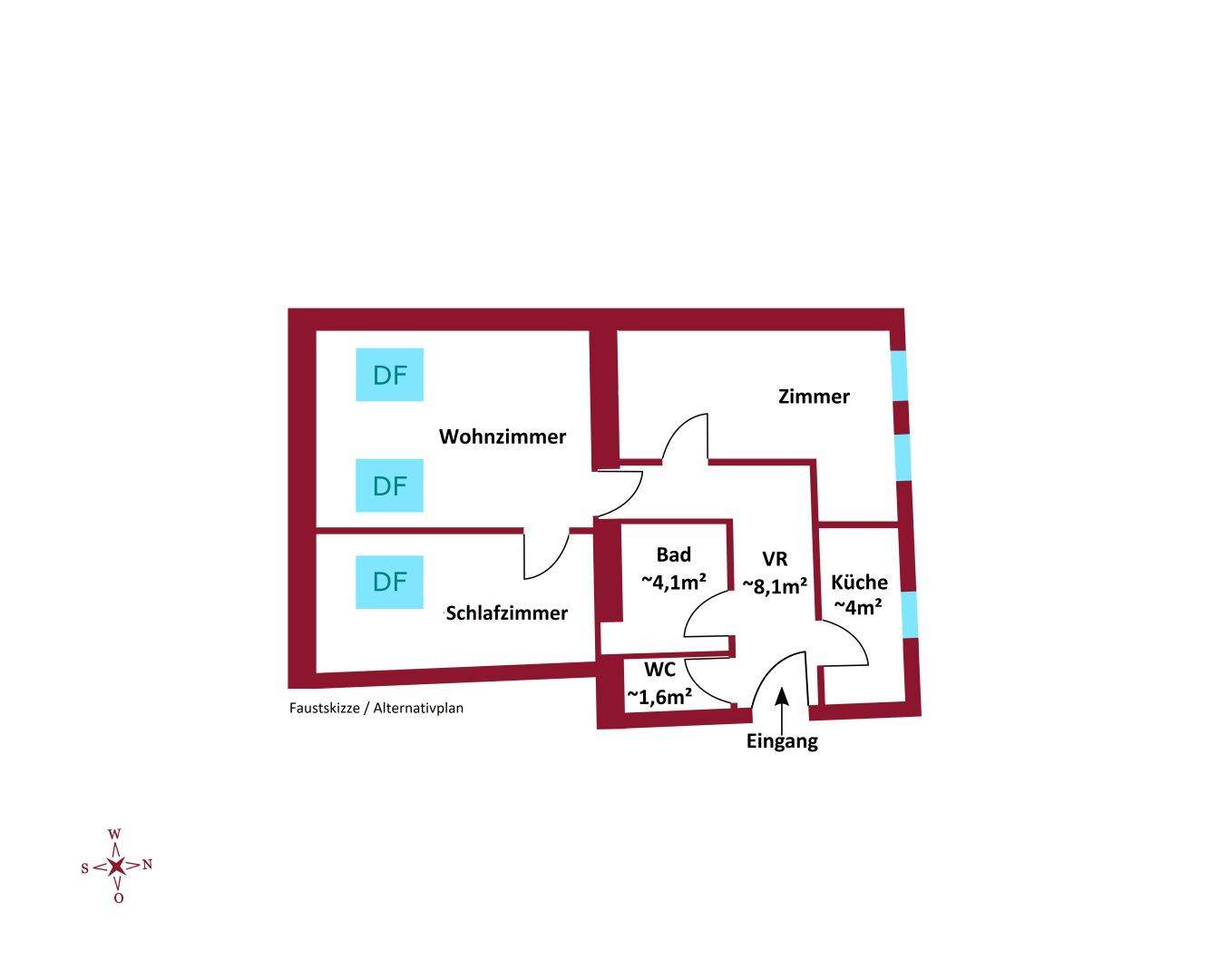 Alternativer Grundriss einer Wohnung mit Schlafzimmer, Bad, WC und Küche.