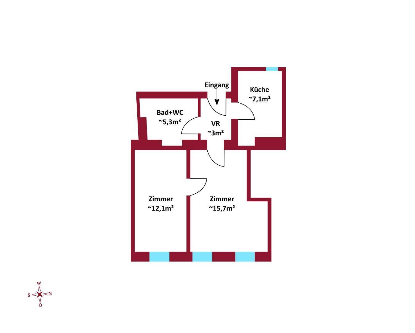Grundriss einer Wohnung mit zwei Zimmern, Bad mit WC und separater Küche im Eingangsbereich.