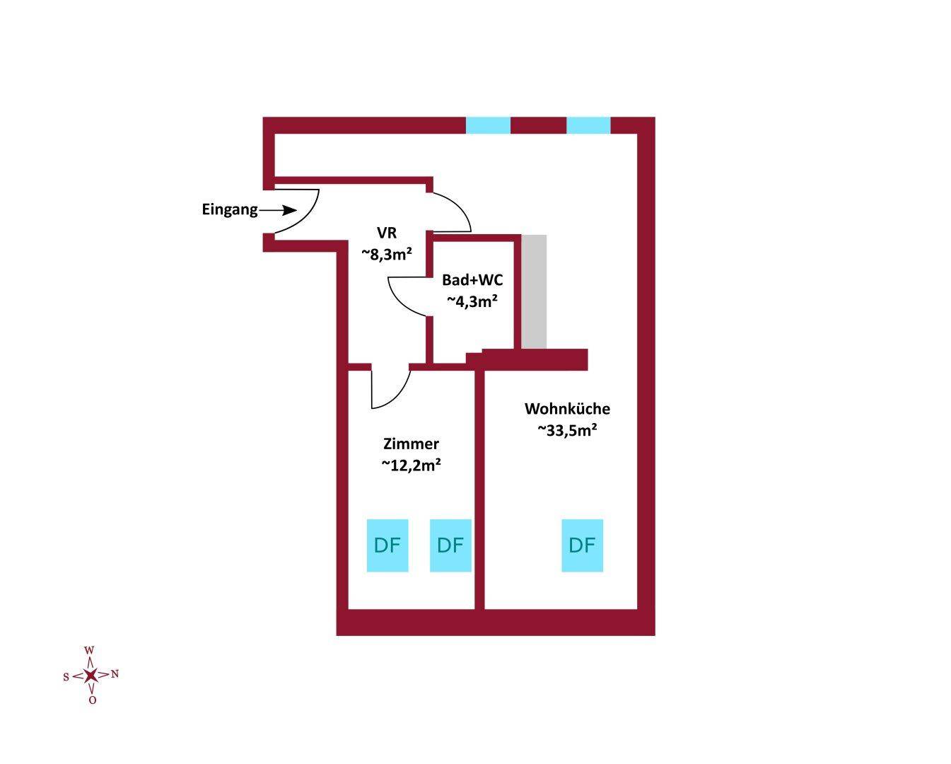 Grundriss einer Wohnung mit Zimmer, Wohnküche, Bad mit WC und Abstellraum im Eingangsbereich.