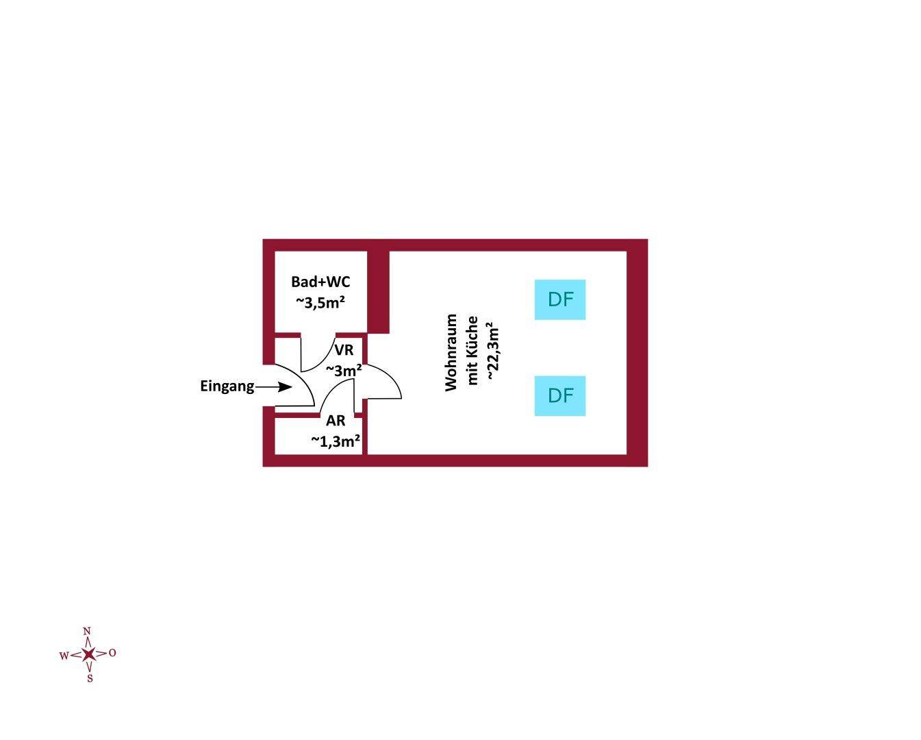 Grundriss eines Wohnraums mit Küche, Bad mit WC und Abstellraum im Eingangsbereich.