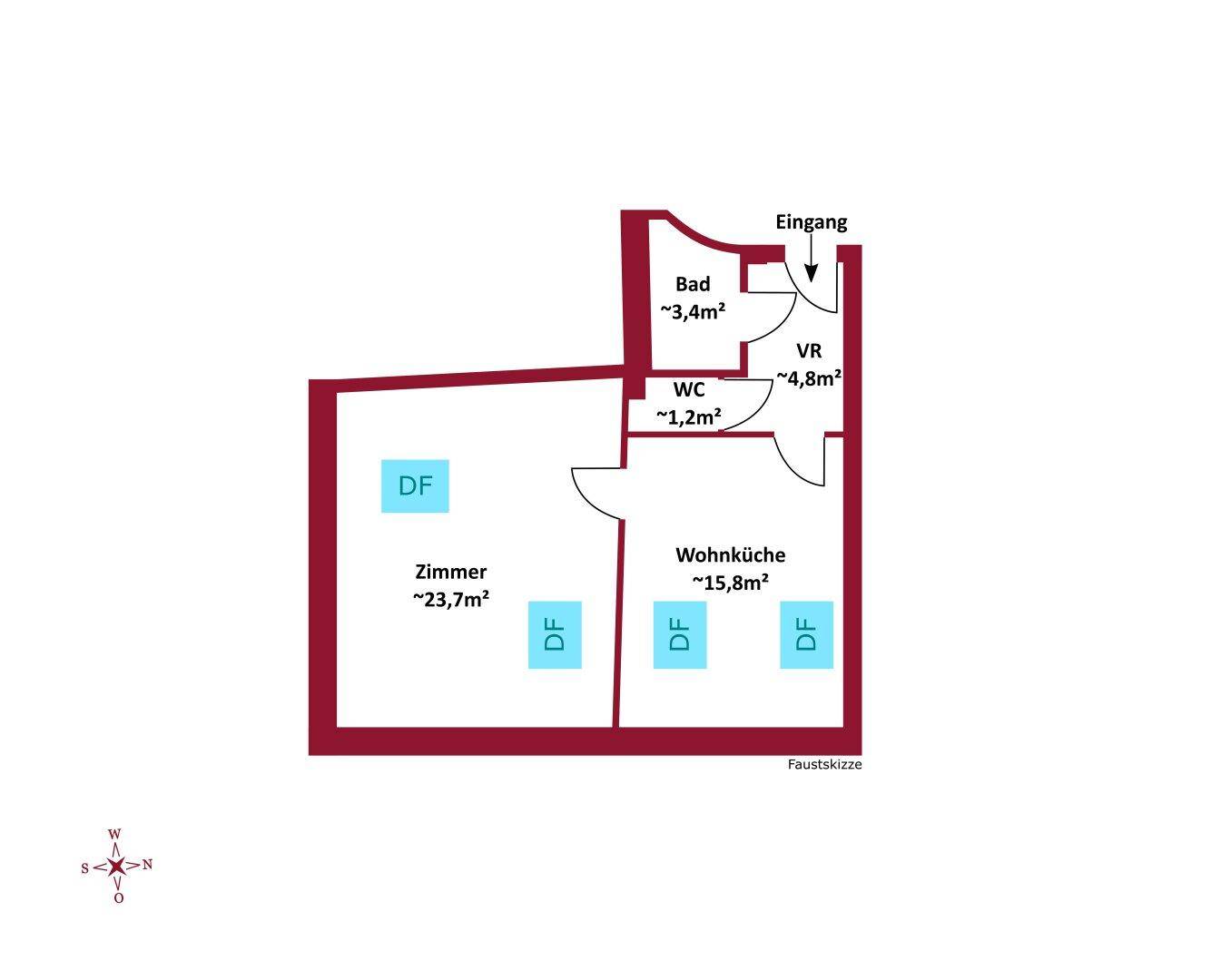 Grundriss einer Wohnung mit Zimmer, Wohnküche, Bad und separatem WC im Eingangsbereich.