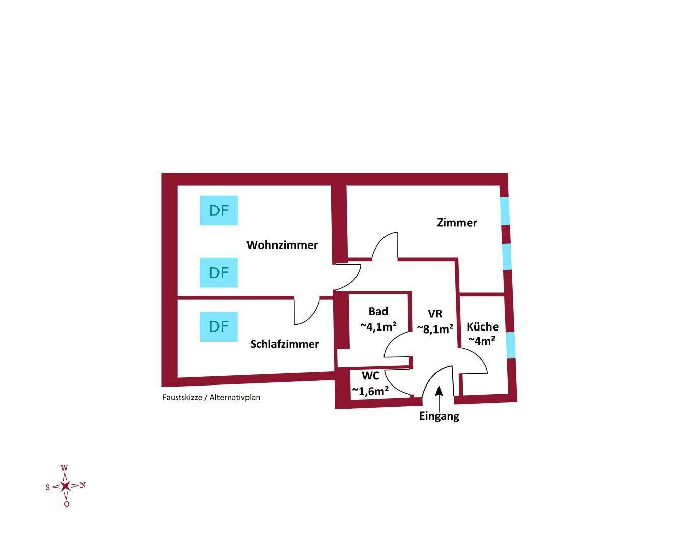 Alternativplan mit Schlafzimmer, Wohnzimmer, Küche, Bad und separatem WC, für flexible Nutzung.