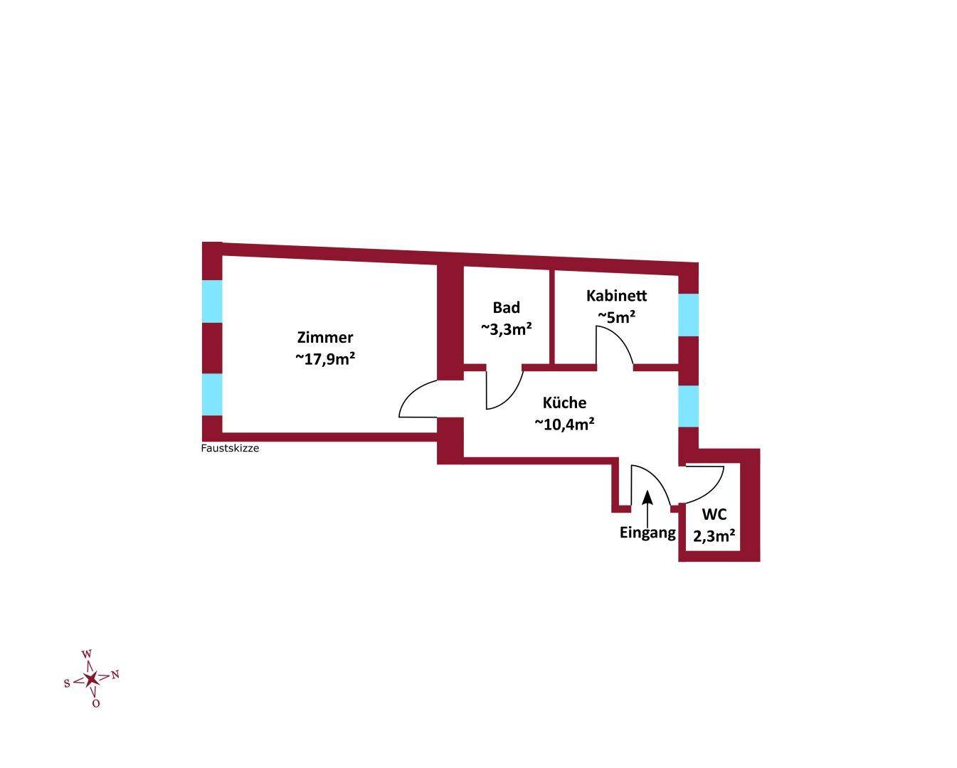 Grundriss mit Zimmer, Küche, Bad und separatem WC, bietet eine klare Raumtrennung.