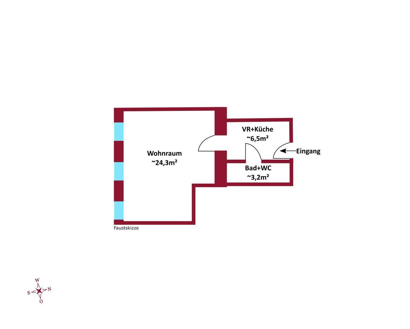 Grundriss mit Wohnraum, Küche, Bad und WC, eine praktische Lösung für urbanes Wohnen.