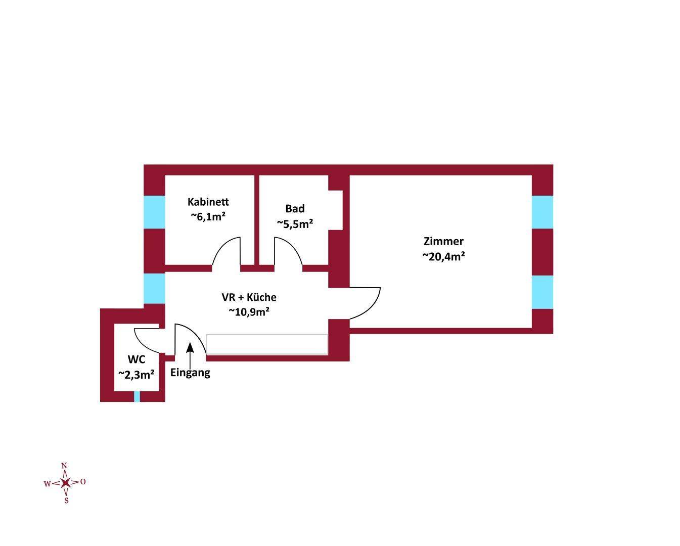 Grundriss mit Zimmer, Kabinett, Bad und separatem WC, bietet zusätzliche Flexibilität.