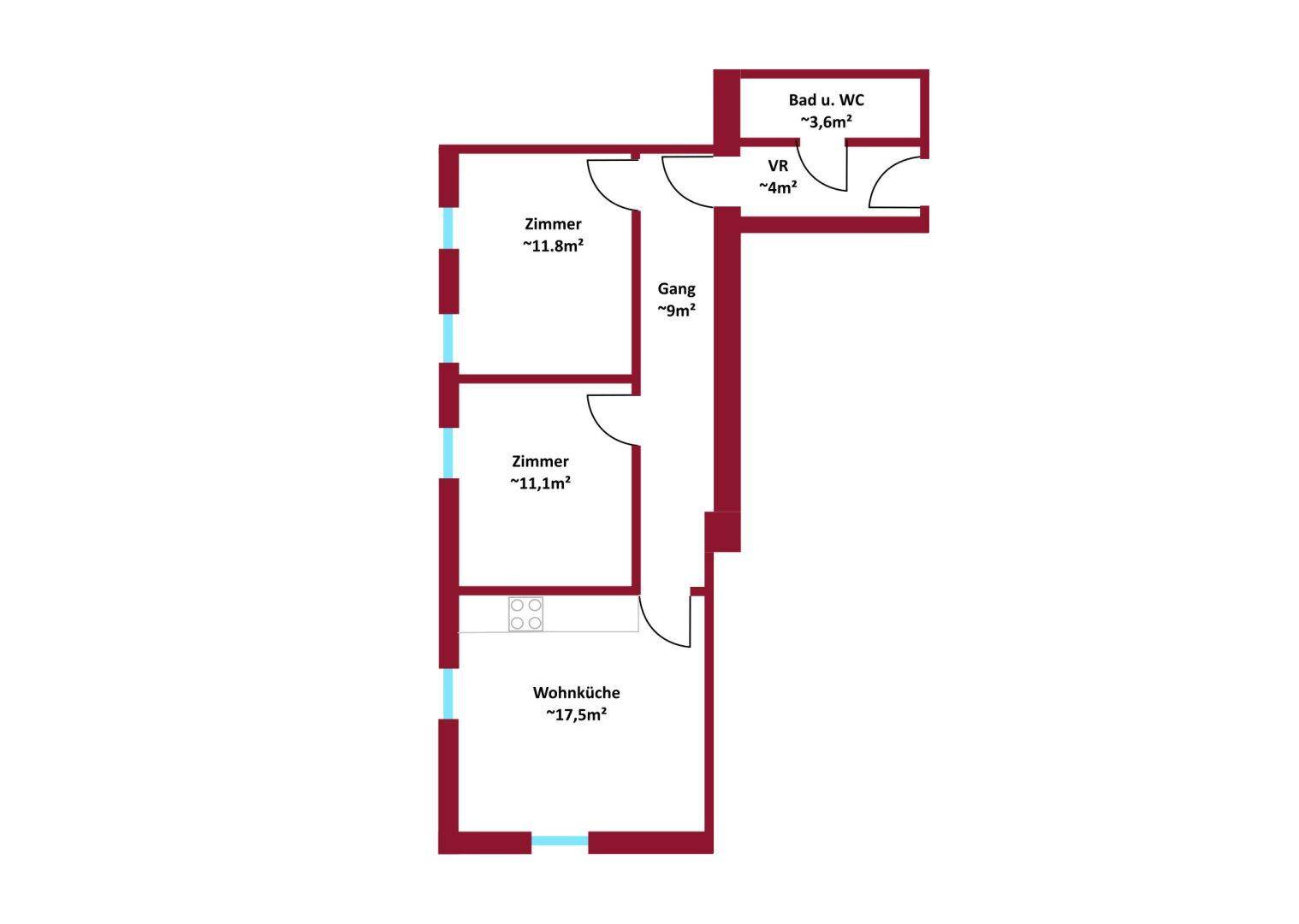 Grundriss mit zwei Zimmern, Wohnküche, Bad und WC, ideal für komfortables Wohnen.