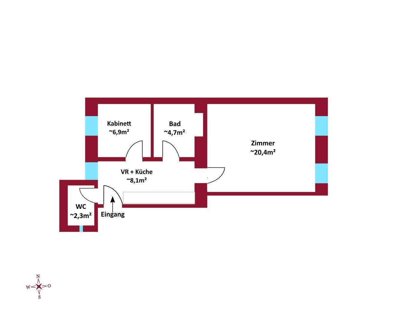 Grundriss mit Zimmer, Kabinett, Bad und separatem WC, eine durchdachte Wohnlösung.
