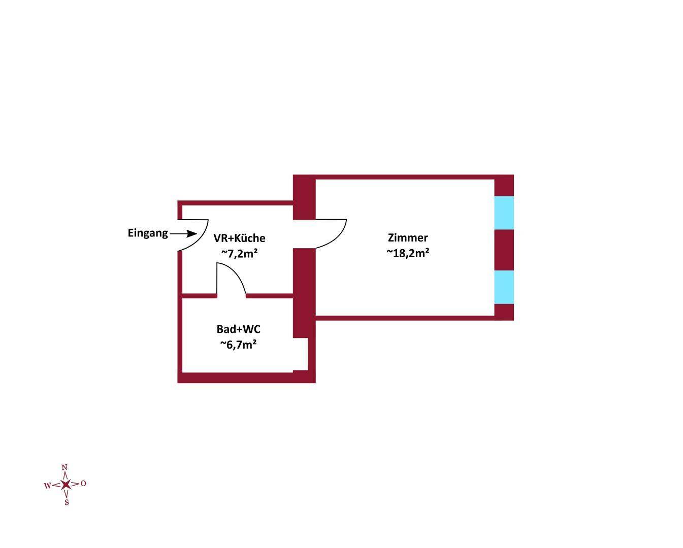 Grundriss mit Zimmer, Küche, Bad und WC, bietet eine funktionale und gemütliche Atmosphäre.