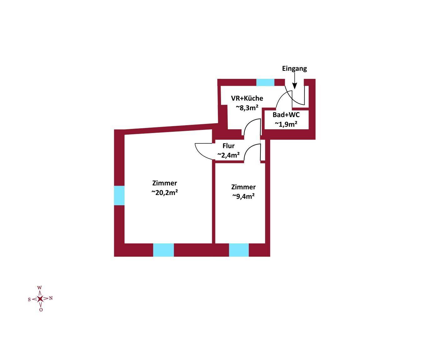 Grundriss einer Wohnung mit zwei Zimmern, Flur, Bad mit WC und offener Küche im Eingangsbereich.