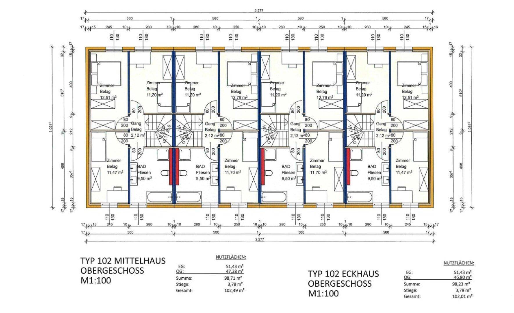 Grundriss des Obergeschosses mit Schlafzimmern und Badezimmern für mehrere Reihenhäuser.