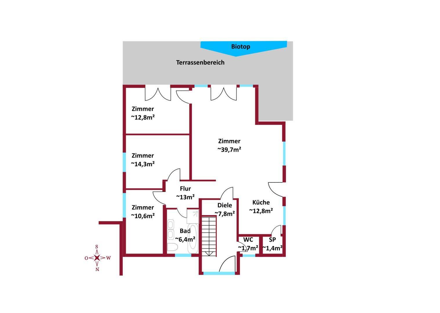 Grundriss des Erdgeschosses mit Wohnzimmer, Küche, Bad und Zugang zu einem Terrassenbereich.