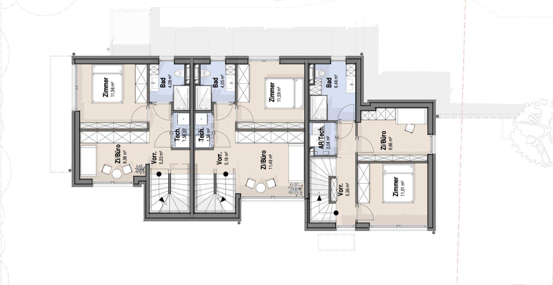 Grundriss des Dachgeschosses mit Schlafzimmern, Büros und Bädern, optimiert für Wohn- und Arbeitsbereiche.