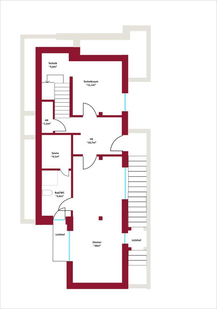 Detaillierter Grundriss des Untergeschosses mit Sauna, Bad und Technikräumen.
