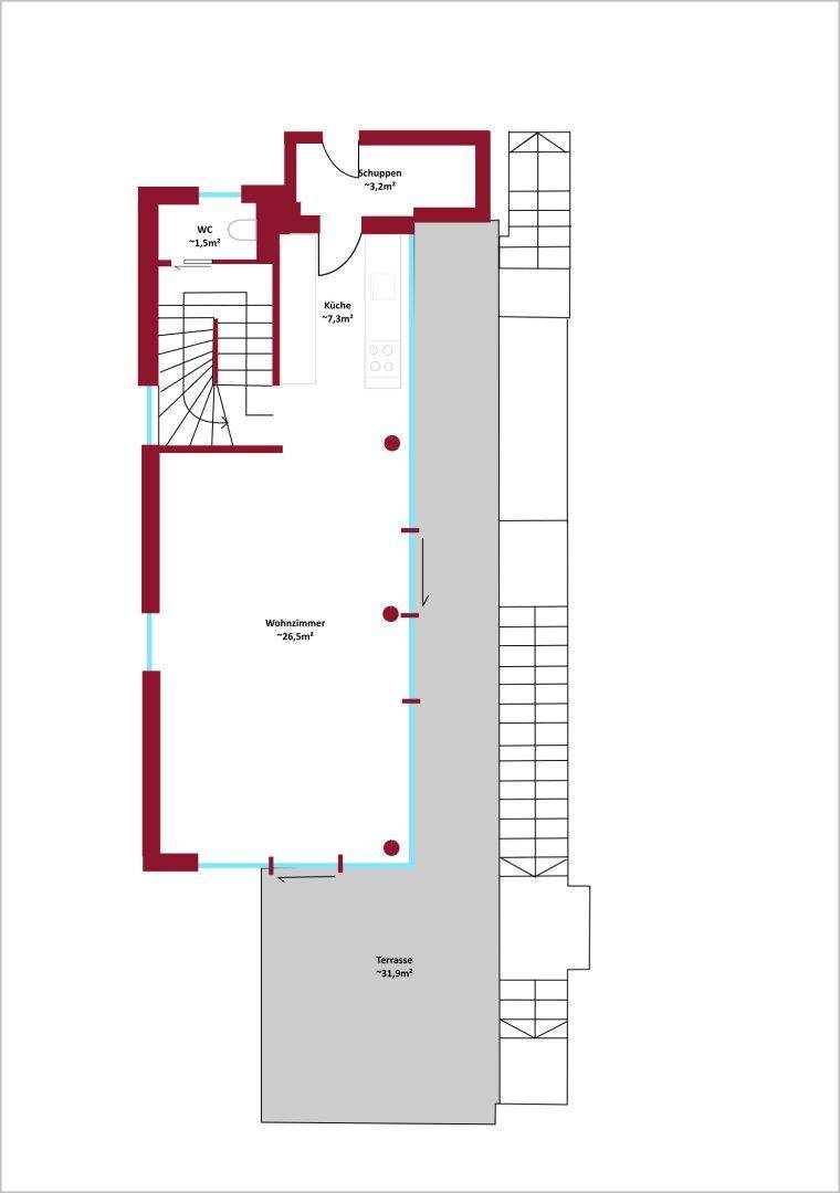 Detaillierter Grundriss des Erdgeschosses mit Wohnzimmer, Küche und Terrasse.