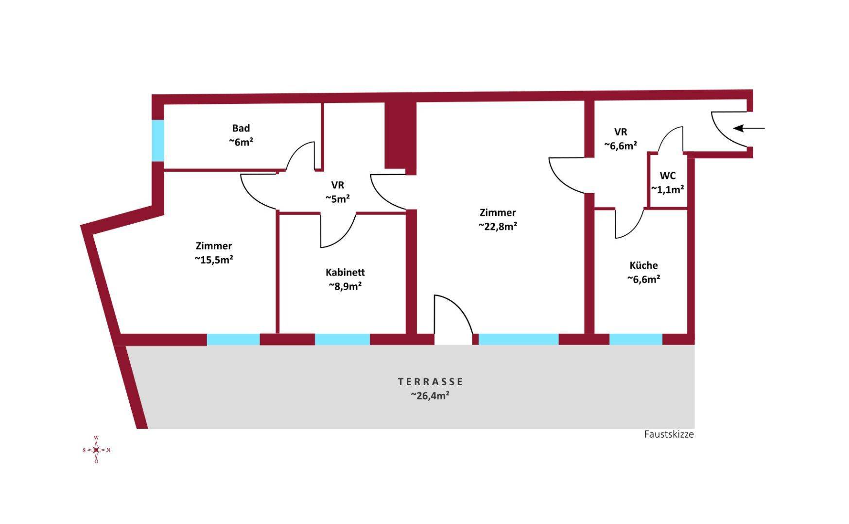 Grundriss der Wohnung mit mehreren Zimmern, Bad, WC und großer Terrasse.