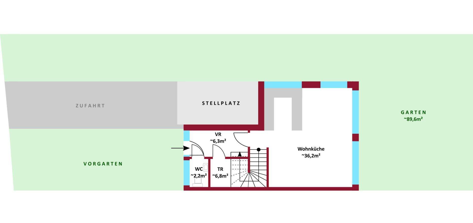 Detaillierter Grundriss des Erdgeschosses mit Wohnküche, Gäste-WC und Zugang zum Garten.