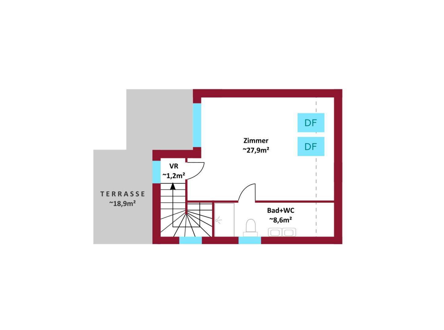 Grundriss des Dachgeschosses von Haus 3 mit großem Zimmer, Bad und WC sowie einer Terrasse.