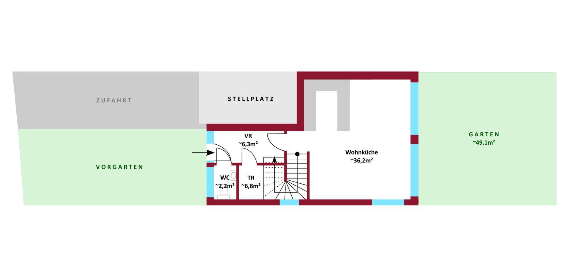 Grundriss des Erdgeschosses von Haus 3 mit Wohnküche, Gäste-WC, Stellplatz und Garten.