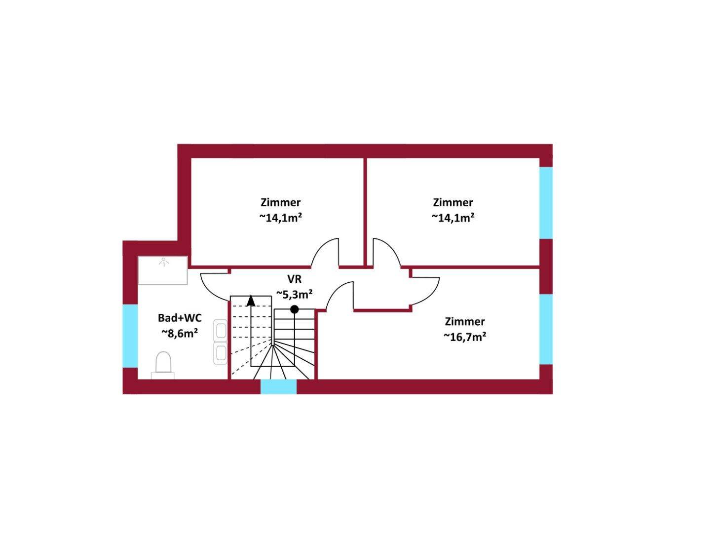 Grundriss des Obergeschosses von Haus 3 mit drei Zimmern, Bad und WC sowie Treppenaufgang.