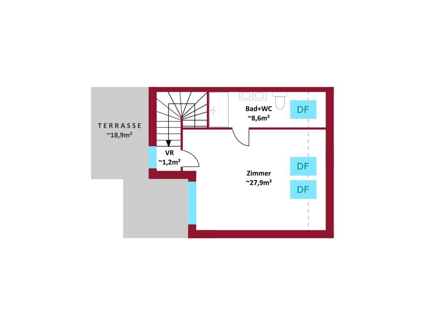 Grundriss des Dachgeschosses von Haus 2 mit großem Zimmer, Bad und WC sowie einer Terrasse.