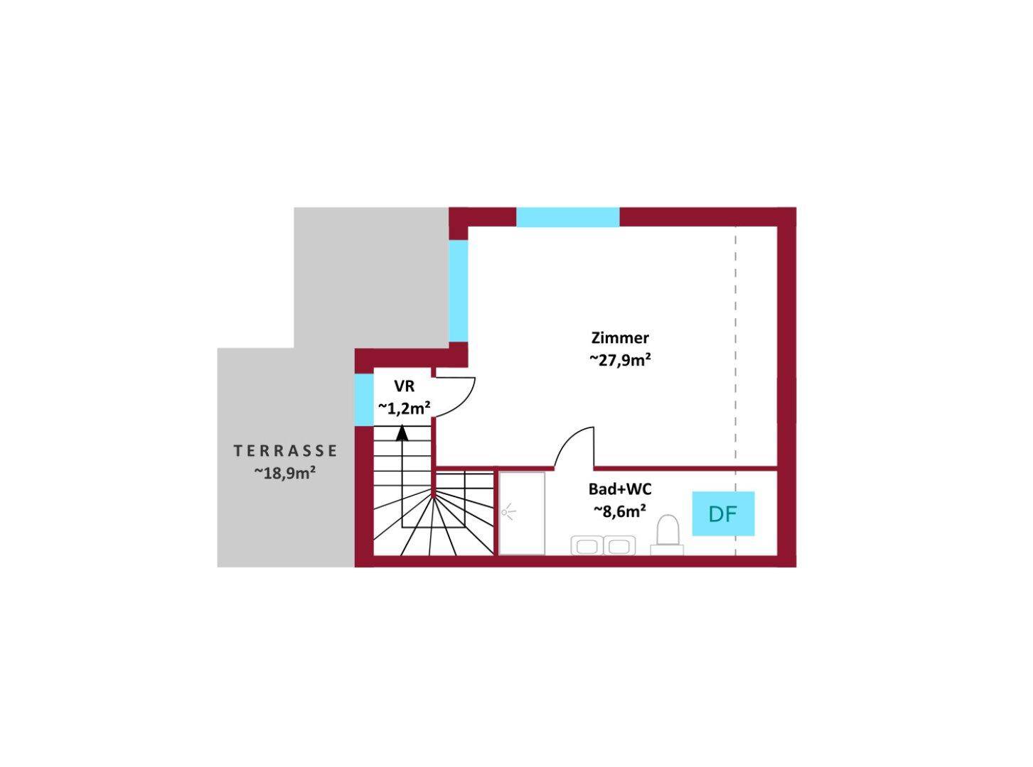 Grundriss des Dachgeschosses mit großem Zimmer, Bad und WC sowie einer Terrasse.
