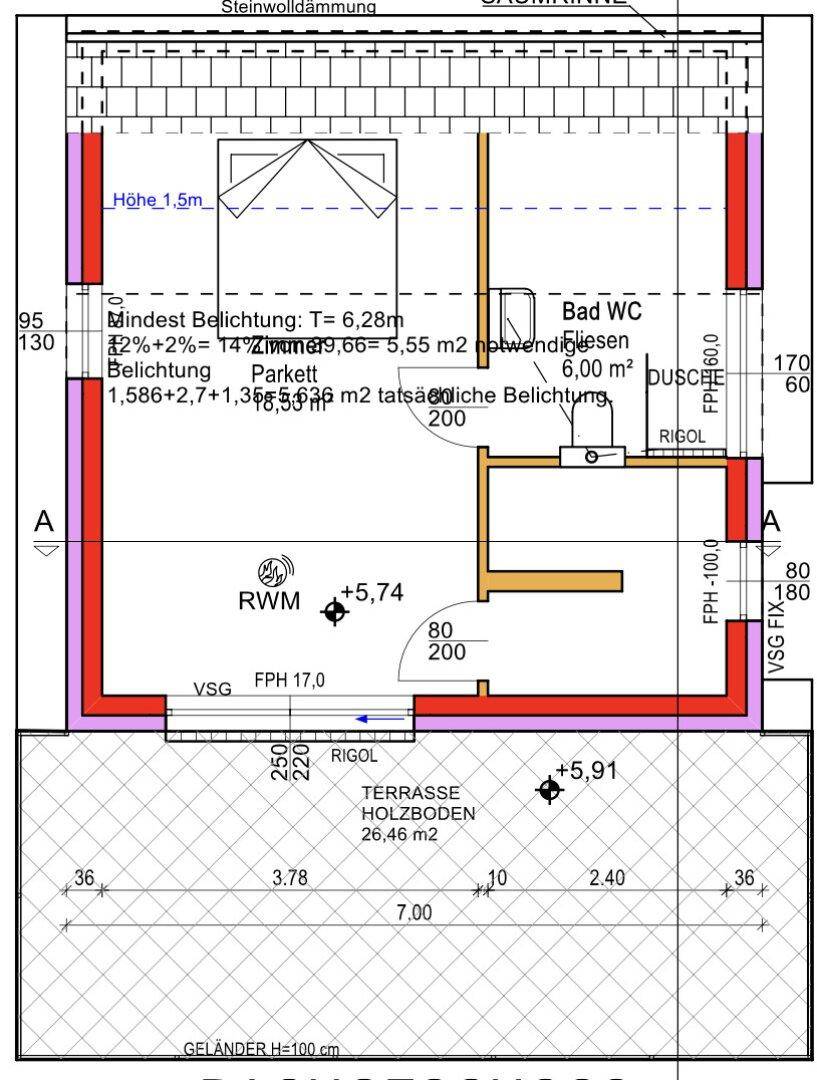 Grundriss des Dachgeschosses mit einem Zimmer, Bad mit Dusche und großer Holzterrasse.
