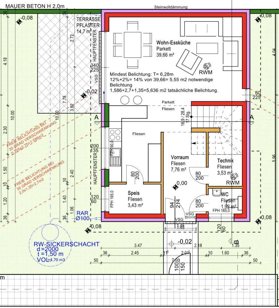 Grundriss des Erdgeschosses mit offener Wohnküche, Terrasse und separatem WC.