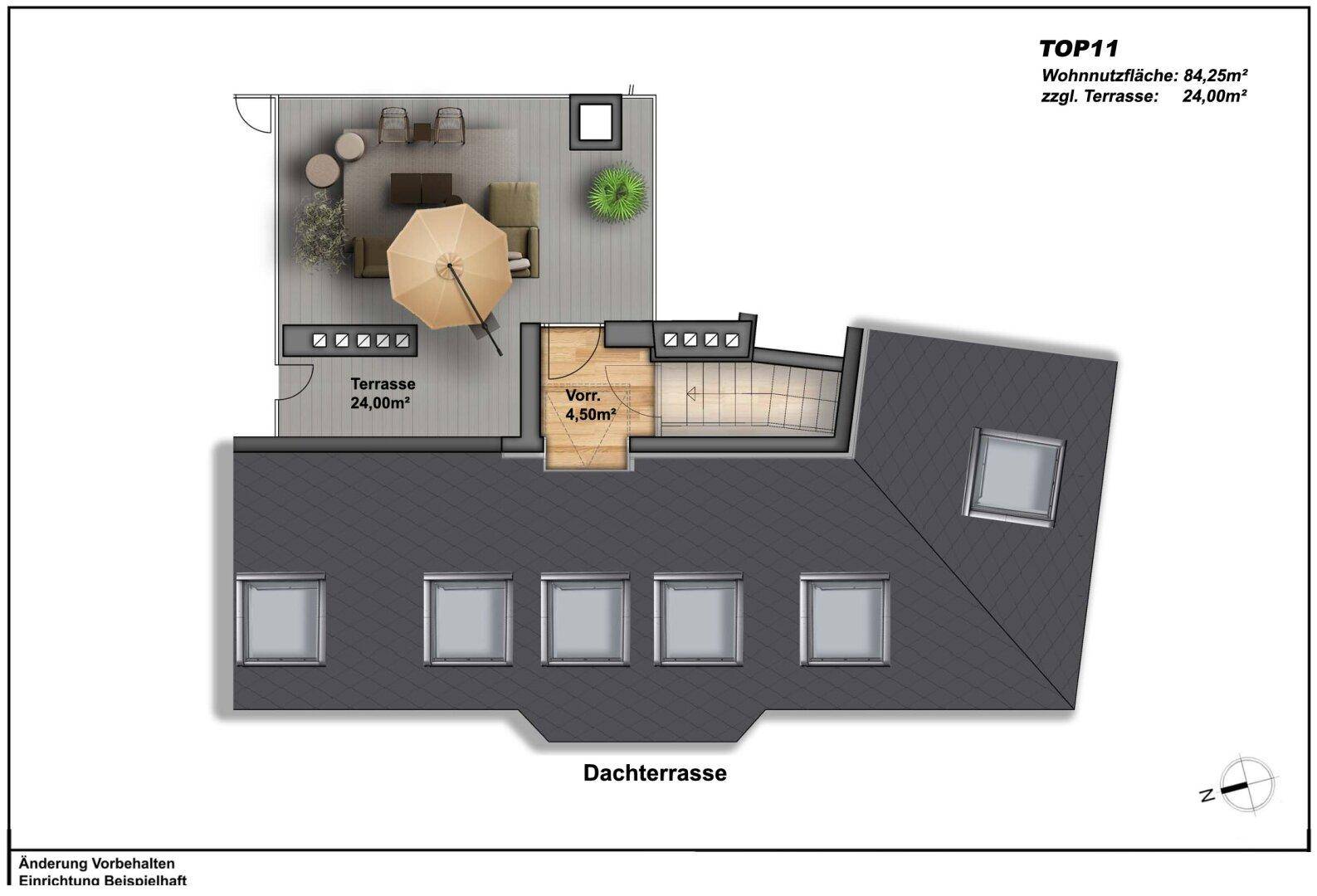 Grundriss der großzügigen Dachterrasse mit eingezeichnetem Sitzbereich, ideal für Outdoor-Aktivitäten.