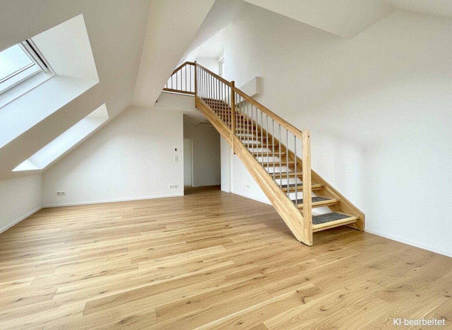 Heller Innenraum mit Holztreppe, Dachschrägen und hochwertigem Parkettboden, bereit für individuelle Gestaltung.