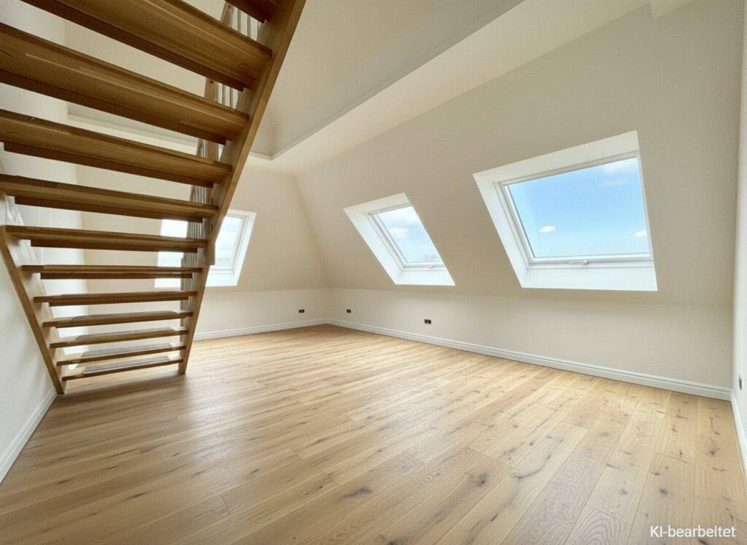 Lichtdurchfluteter Raum mit Holztreppe, schrägen Wänden und mehreren Dachfenstern, die viel Helligkeit spenden.