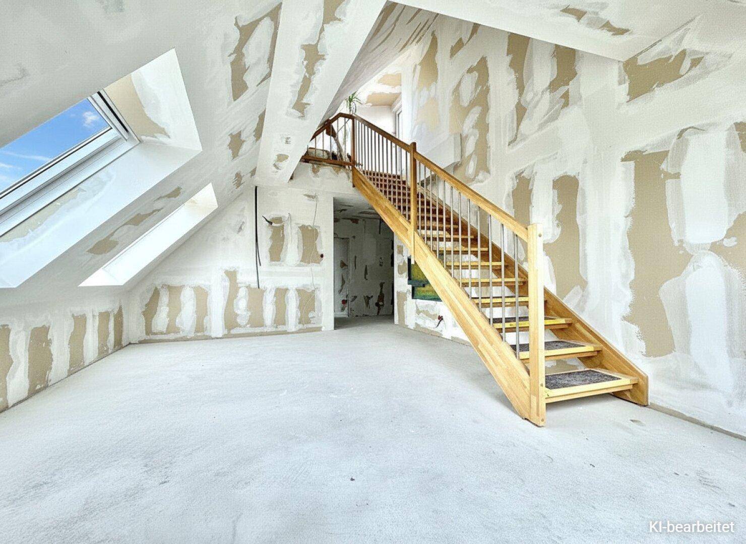 Unfertiges Dachgeschosszimmer mit Holztreppe und Dachfenstern, bereit für den Innenausbau.