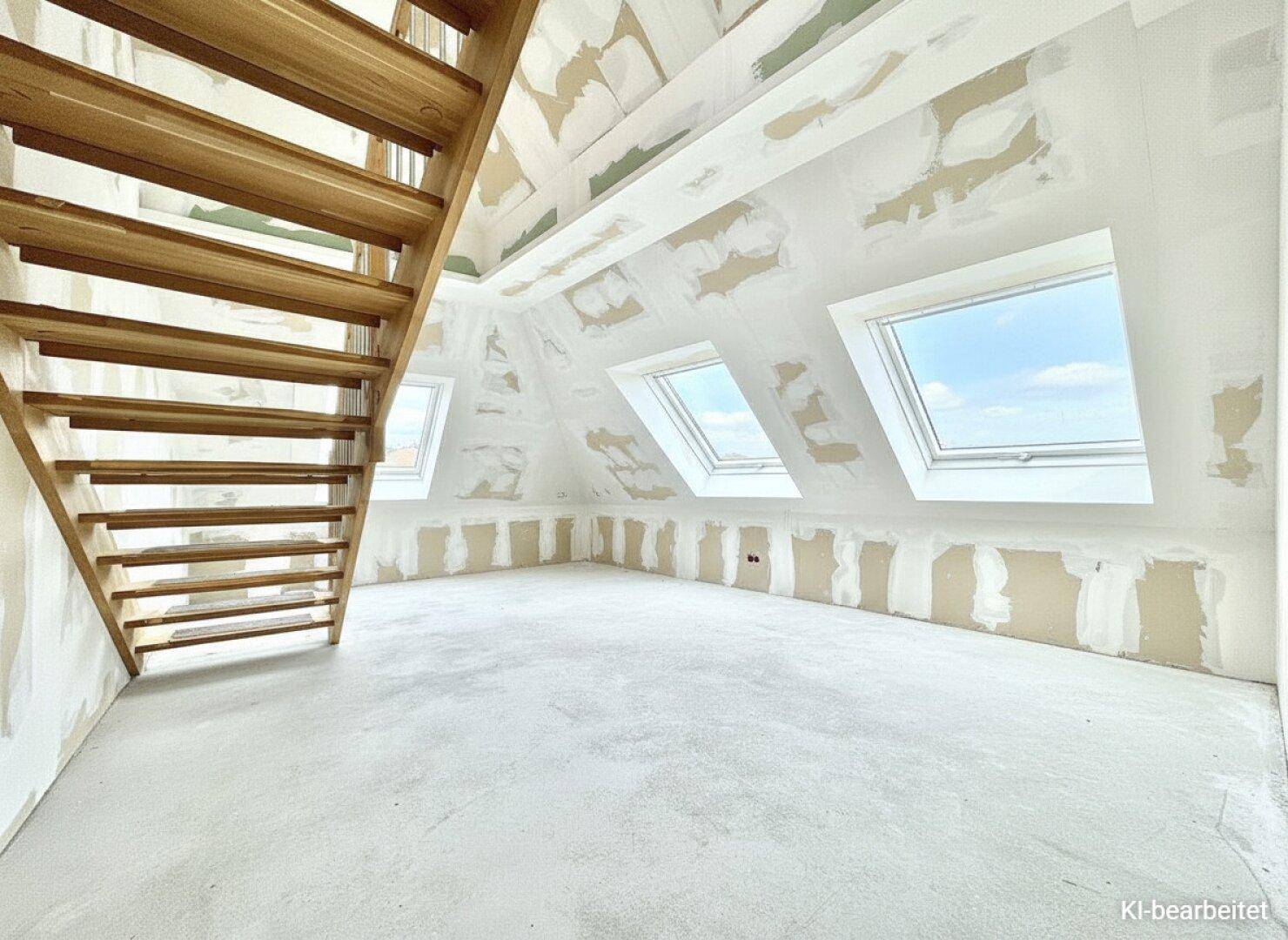 Rohbau-Dachgeschoss mit Holzboden und Dachfenstern, bietet Potenzial für individuelle Gestaltung.