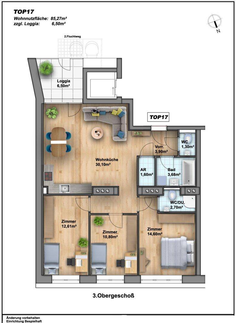 Detaillierter Grundriss der Wohnung TOP17 mit Wohnküche, drei Zimmern und Loggia.